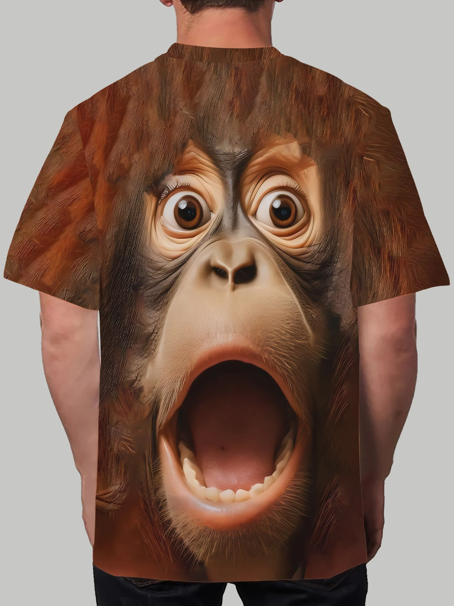Men's Funny 3D Surprised Orangutan Face Print T-Shirt Neck Short Sleeve Casual Streetwear Novelty Tee Top