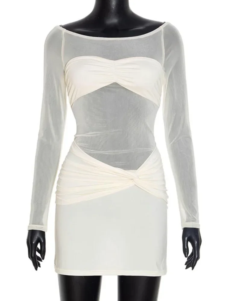 فستان قصير مثير شبكي شفاف للنساء أنيق مرقع طويل بدون أكمام بخصر عالٍ فستان حفلات النادي