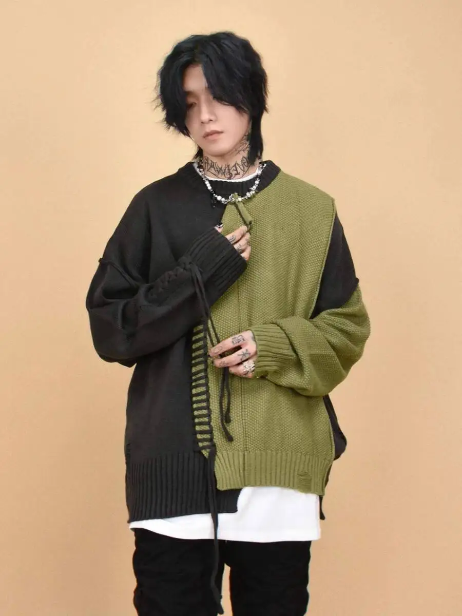 Autumn Men's Streetwear Niche Sweater Irregular Stitching Color Block Patchwork Design Round Neck Pullover Knitwear