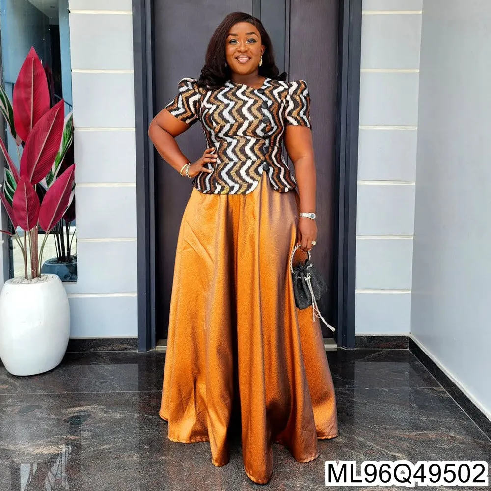 2025 Nuova gonna taglie forti + abito t-shirt Abito da donna africano Abito in due pezzi con stampa in raso di cristallo S10802ML96Q495