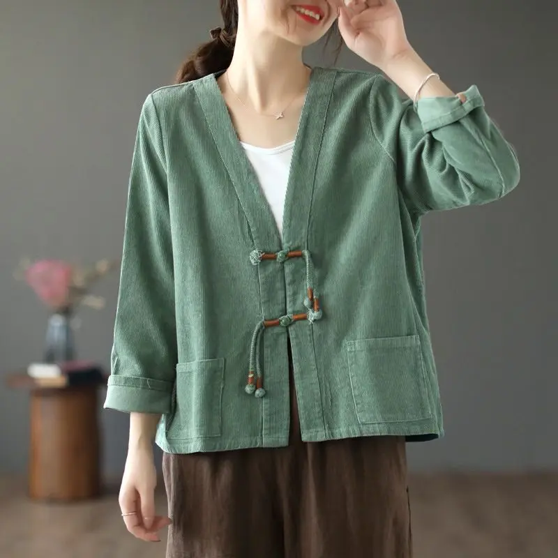 

Women's Retro Button Corduroy Jacket 2025 Spring And Autumn New Casual Loose V-neck Cardigan Top