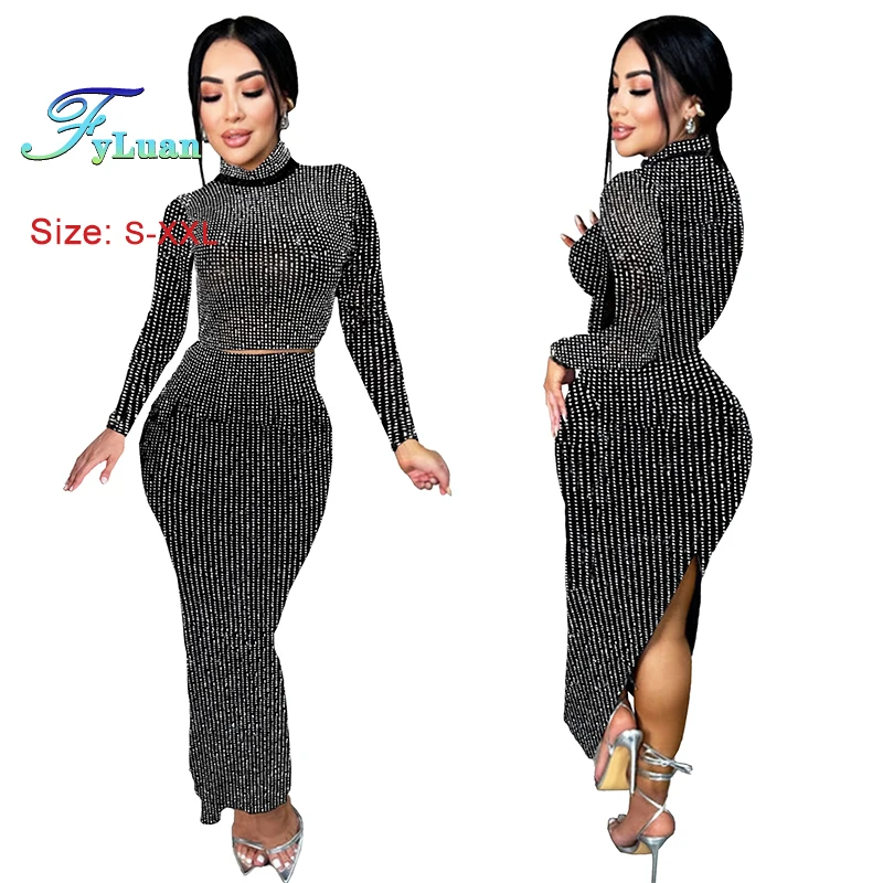 High Quality Women O Neck Long Sleeve Outfits Crop Top Rhinestones Decor Rear Slits SkirtBirthday Outfit Nightclub Two Piece Set
