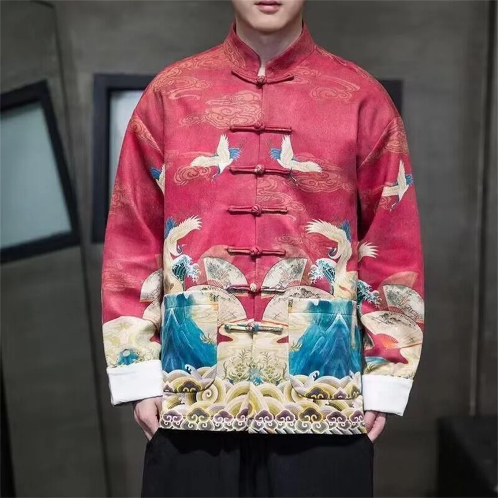 

Spring and autumn Chinese style Tang suit men's youth Mailladli collar collar button printed Han clothing new Chinese style top