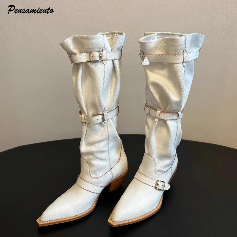 

Винтажные плиссированные женские сапоги до колена из искусственной замши с пряжкой ремня, осенне-зимние модные ковбойские рыцарские сапоги на высоком каблуке в стиле вестерн, обувь