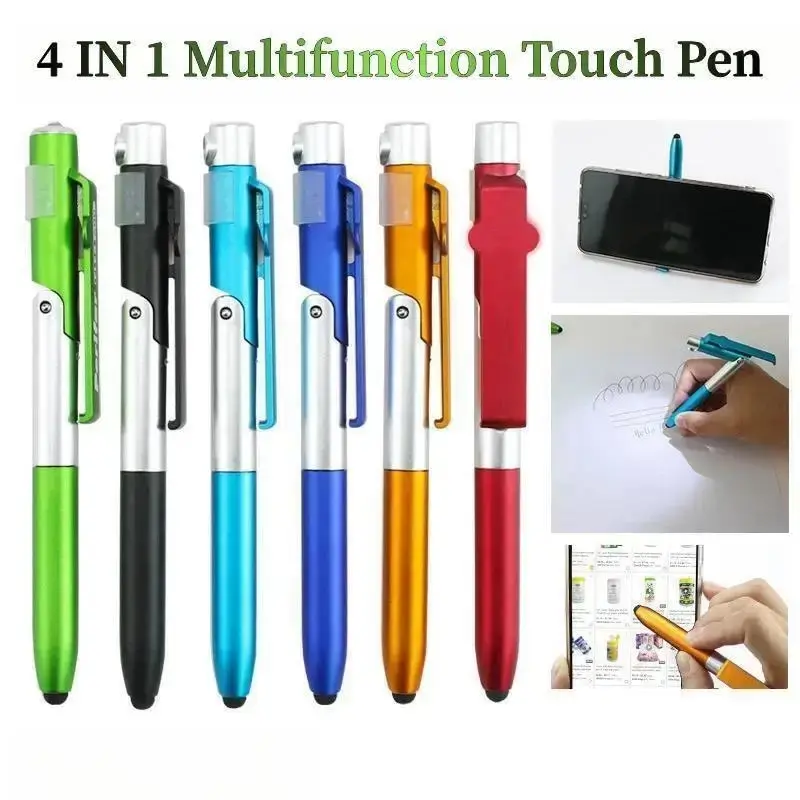 4 IN 1 Multifunction Touch Pen Ballpoint Pens with LED Light Folding Stand for Phone Holder Night Reading Stationery Pencil