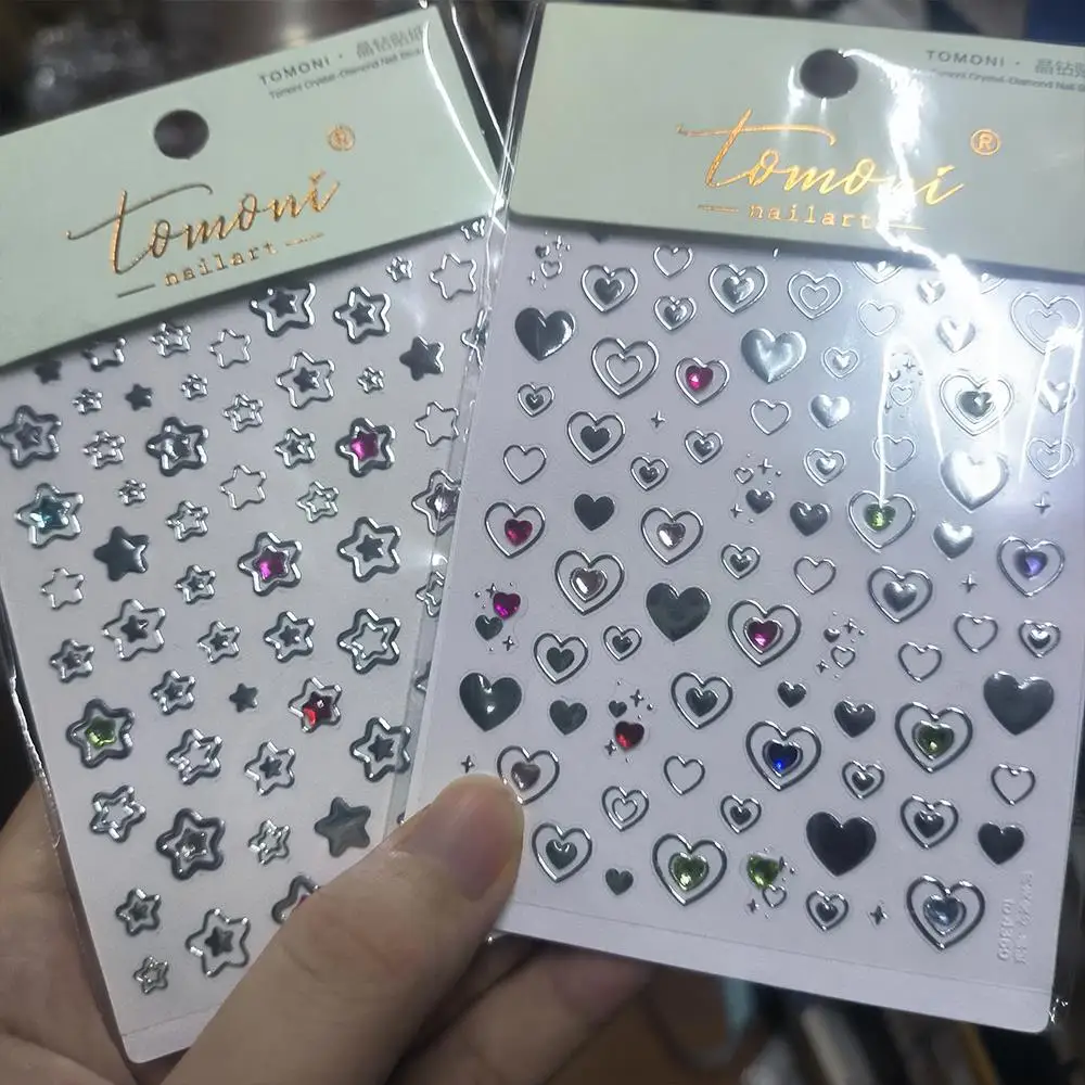 1 Stück 5D bunte Diamant Stern Herz Nail Art Aufkleber Silber hohl Pentagramm/Liebe geprägt Nagel Aufkleber selbstklebend Y2KManiküre Slider