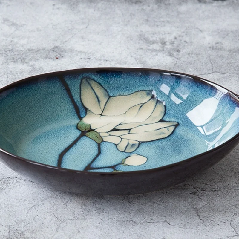 Japanese Creative Ceramic Plate Retro Tableware Hand-Painted Magnolia Two-Ear Oval Fish Plate Boat Shaped Fruit Tray Kitchen