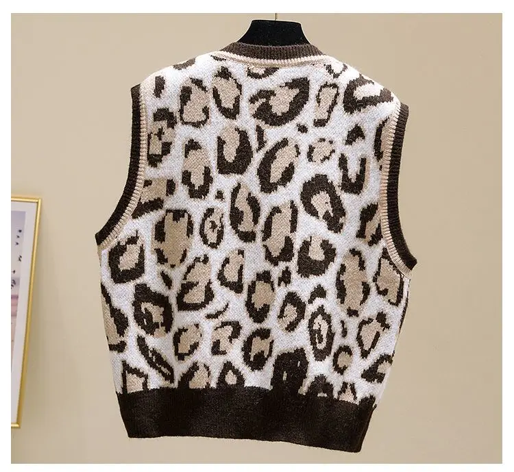 Brand New Leopard Print Vest for Exterior Wear V-neck Knitted Vest Korean Version Layered Pullover Sweater