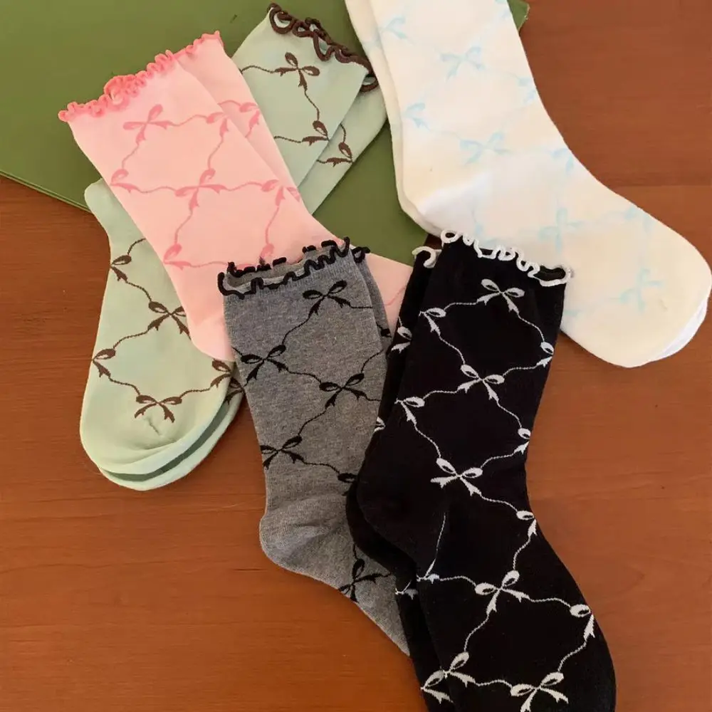 5Pairs Soft Thin Cotton Ruffle Bow Socks Ins Style Lolita Mid Tube Socks Female Hosiery Breathable Sweet Socks Women Girl