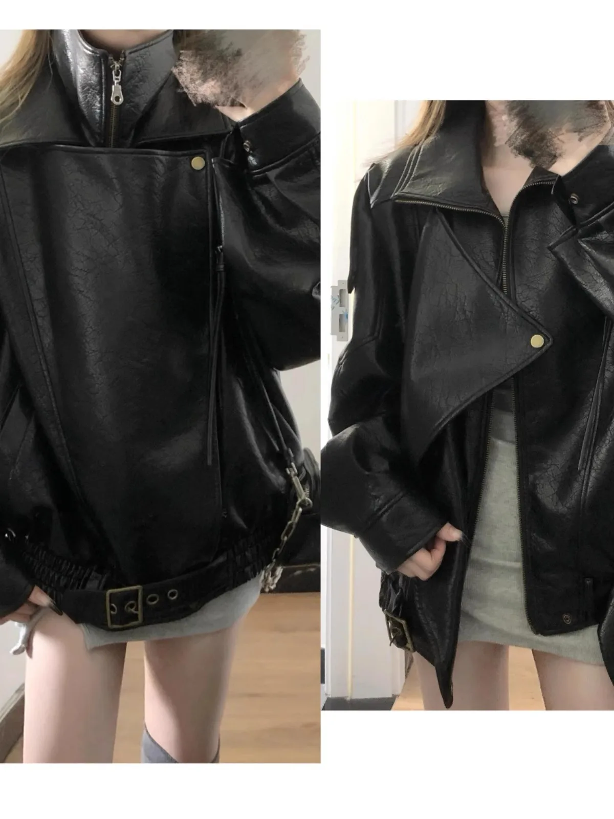 เสื้อแจ็คเก็ตหนังสไตล์เรโทรสำหรับผู้หญิง ฤดูใบไม้ร่วง ฤดูหนาว หนัง PU แบบมีซิป แฟชั่น เสื้อคลุมลำลอง