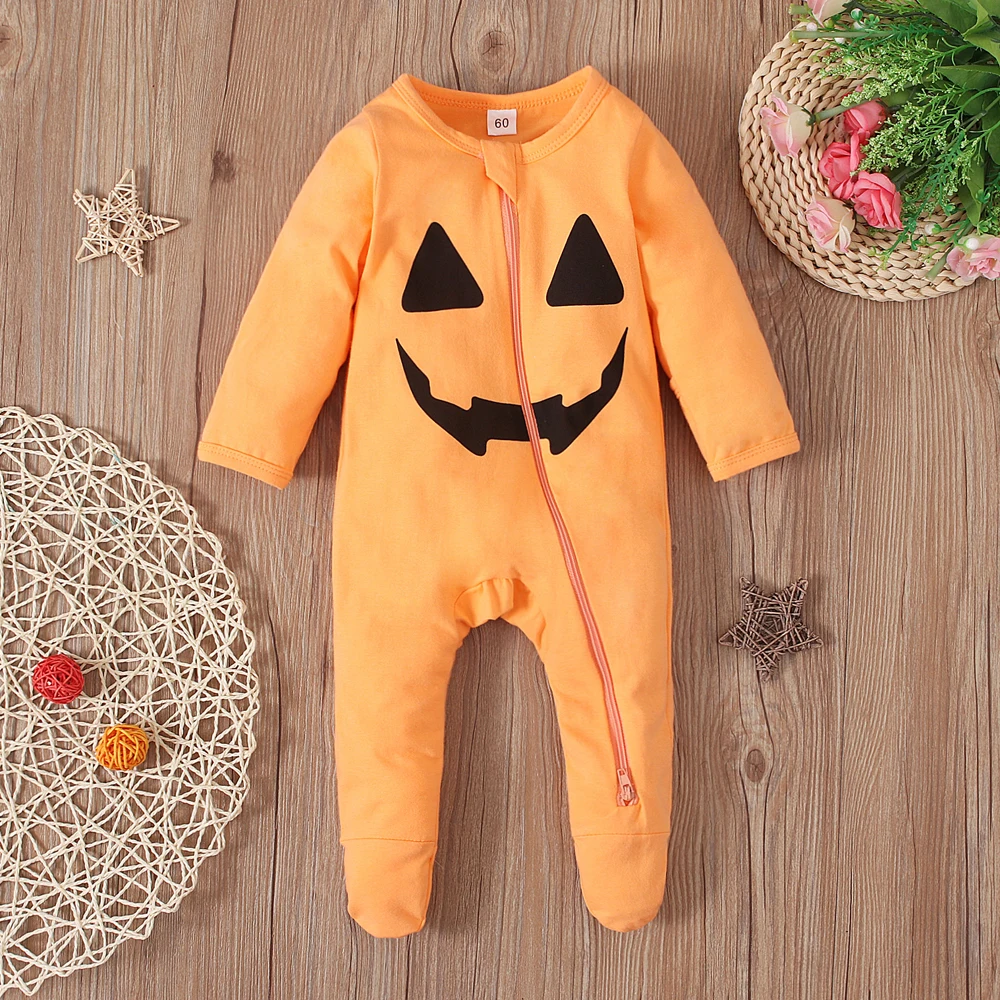 Boys and girls children\'s spring and autumn Halloween solid color pumpkin long-sleeved smiley face jumpsuit romper children&