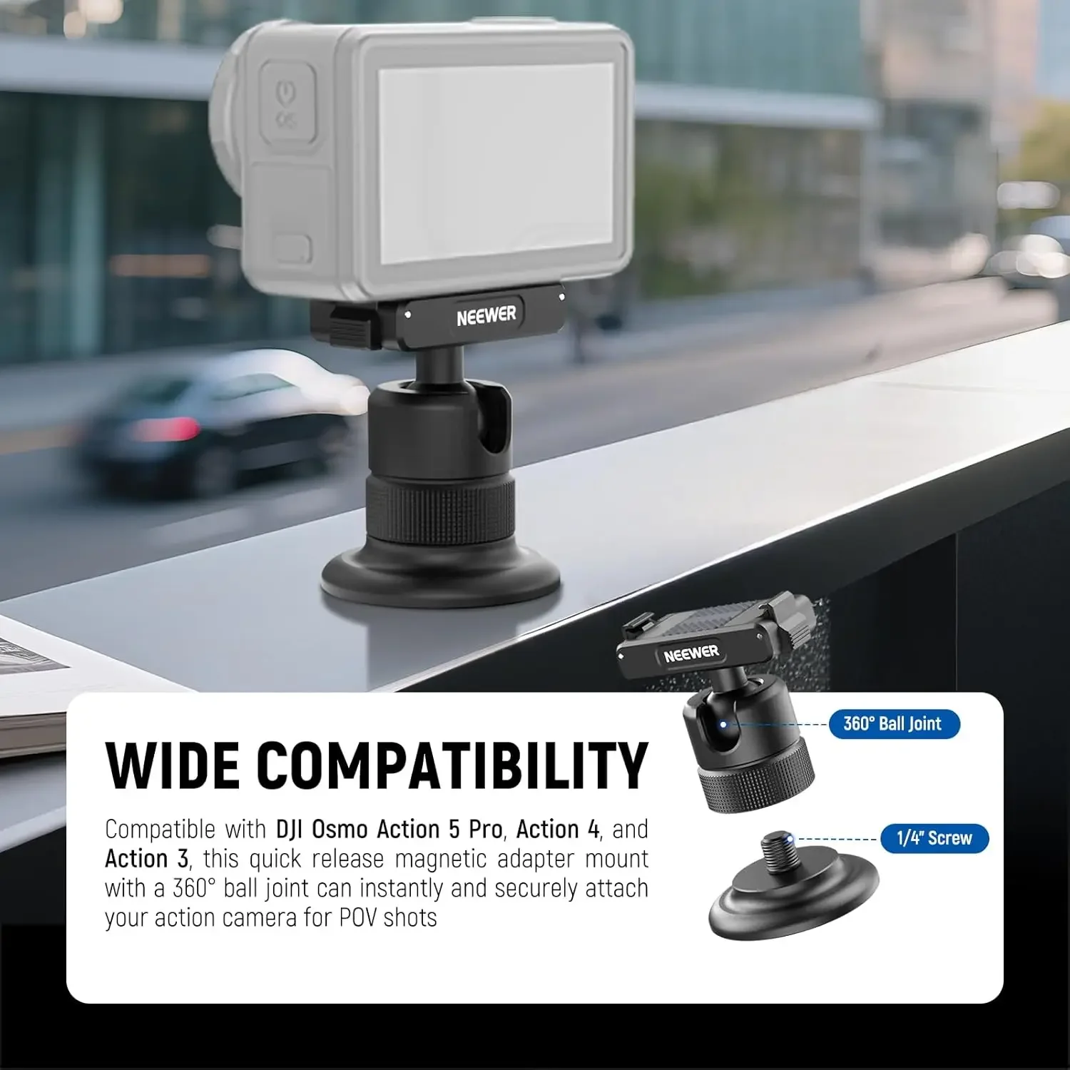 

NEEWER Magnetic 360° ° Быстросъемный адаптер с шаровой головкой, крепление для камеры, совместимое с DJI Osmo Action 5 Pro/4/3