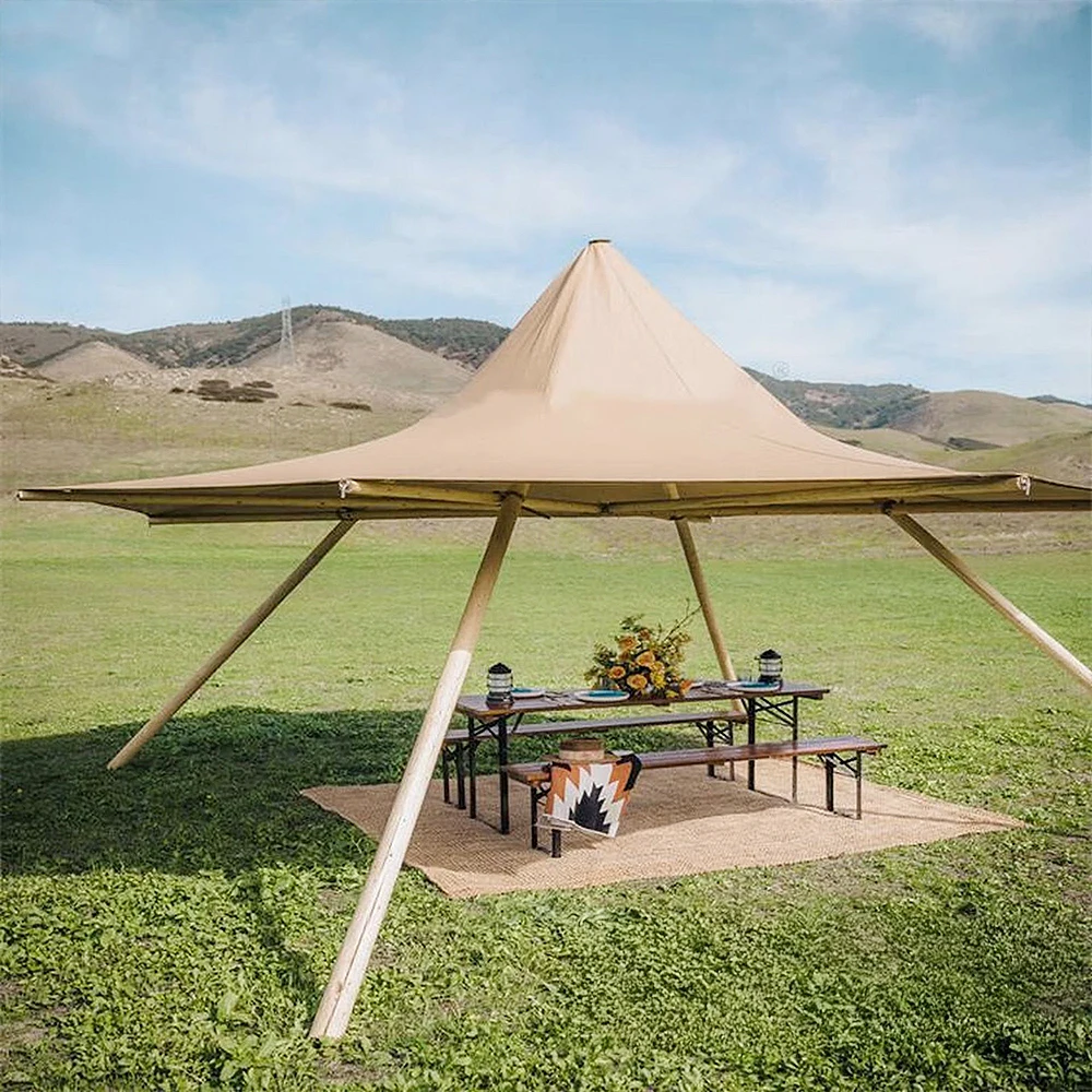 Waterproof Canvas Wood Pole Glamping Resort Scenic Spot Camping Bar Wedding Customizable Outdoor Indian Straw Hat Lotus Tent