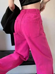 Dragon Fruit Colored Wide Leg Straight Cut Jeans Women's High Waist Dopaamine Pink Casual Slimming Long Trousers