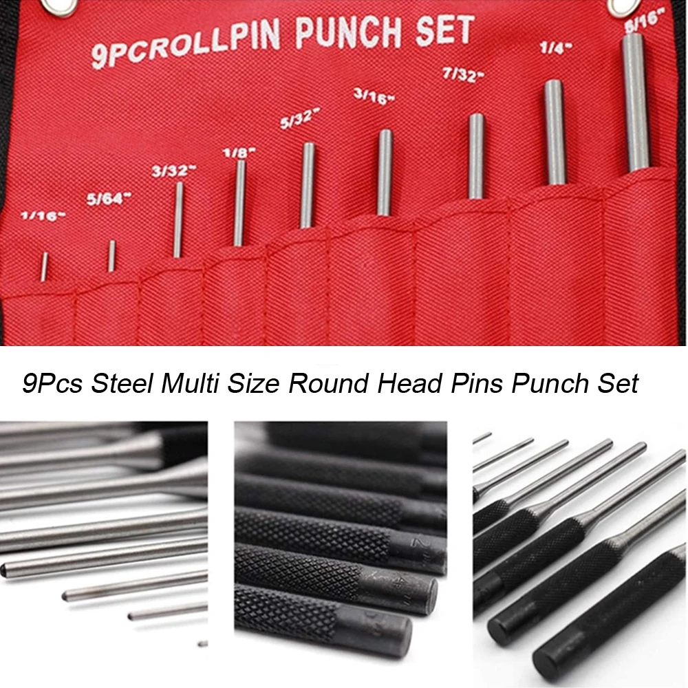 9Pcs Steel Multi Size Round Head Pins Punch Set Grip Roll Pins Punch Tool Kit Professional Hollow End Starter Punch Chisel Tools