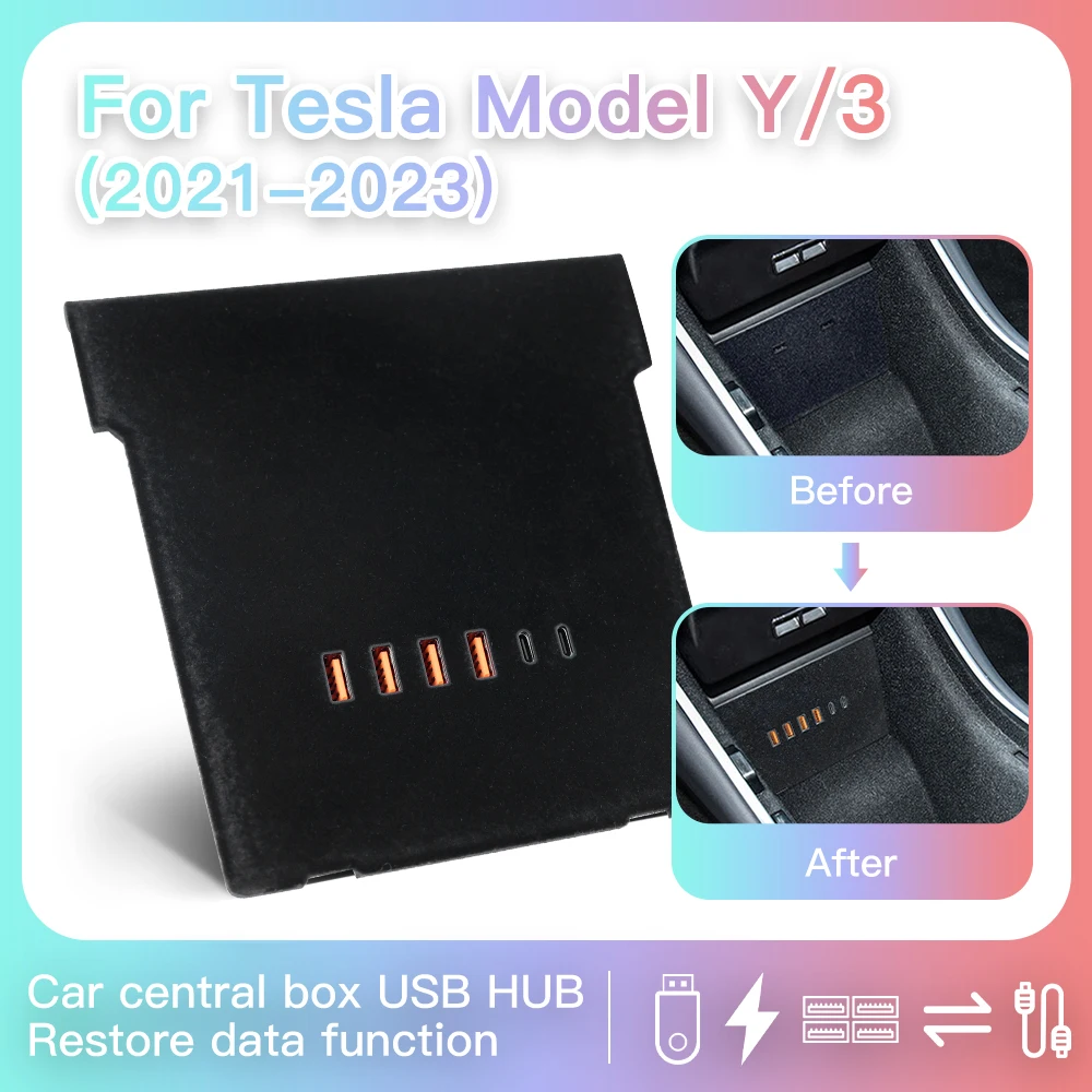 For Tesla Model 3/Y 2021-2023 USB-C Hub Center Console Docking Station With Data Transfer 65W Fast Charging Hidden Installation