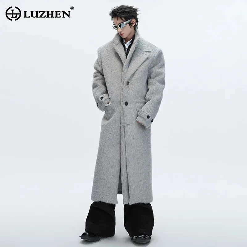 LUZHEN 2025 Winter New Double Layer Fake Two Piece Design Woolen Windbreaker Coat Men Elegant Knee-length Trench Clothes JY5596