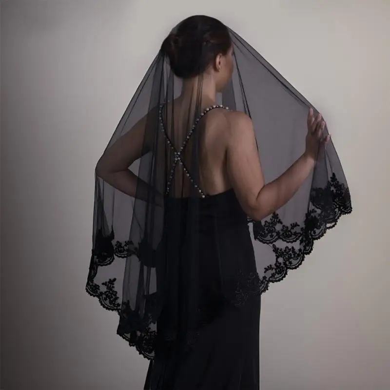 39BD Hochzeit Schleier Kopftuch Spitze Schwarz Schleier Braut Haar Zubehör Schwarz Mantilla – Detail 3