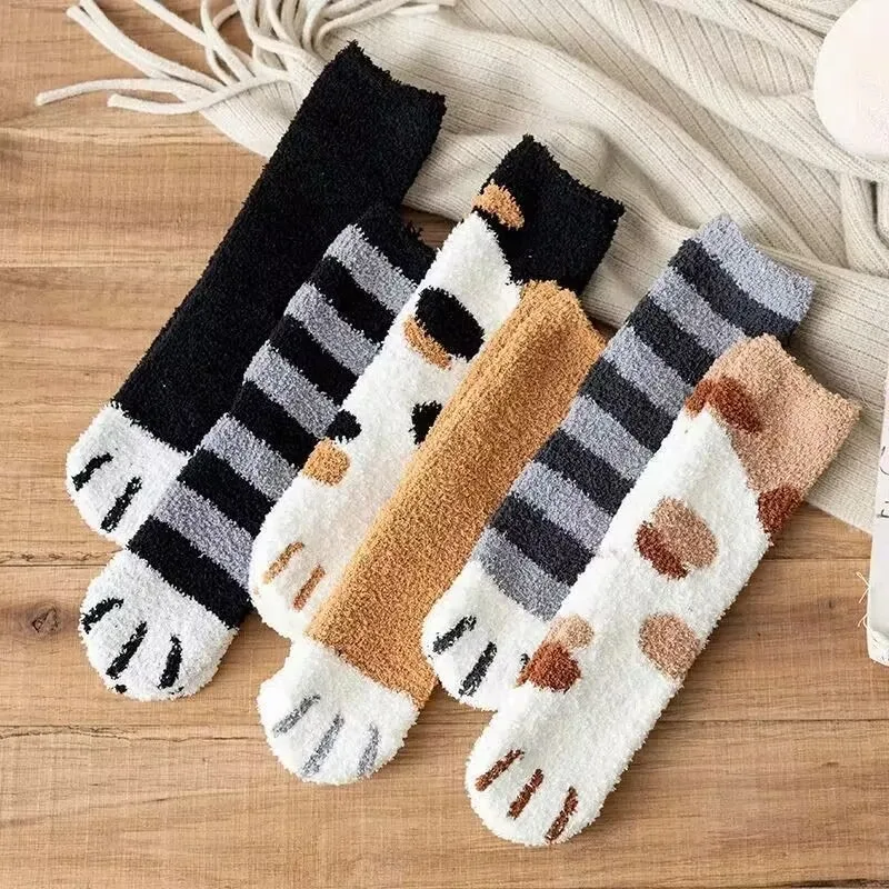 3 Pairs Womens Cats Paw Stripe 3d Socks Kawaii Fun Thick Girls Cartoon Animal Fingers Sock Hosiery Toe Zebra/Tiger/Cat Foot Sox