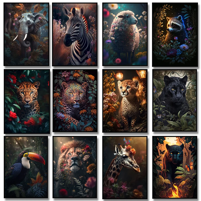 1PC--Flower Jungle Animal Lion Leopard panther zebra sheep Toucan Raccoon Wall Art Poster Canvas Painting for Living Room hom