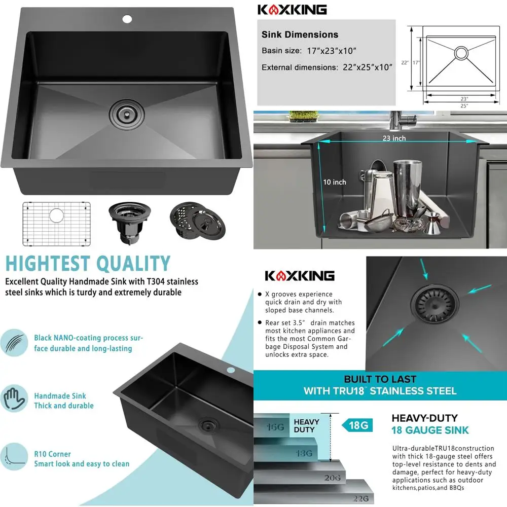 

Single Bowl Black Stainless Steel 25x22 Inch Kitchen Sink Topmount Drop-In with 18 Gauge, Bottom Grid, and Drain Strainer for Mo