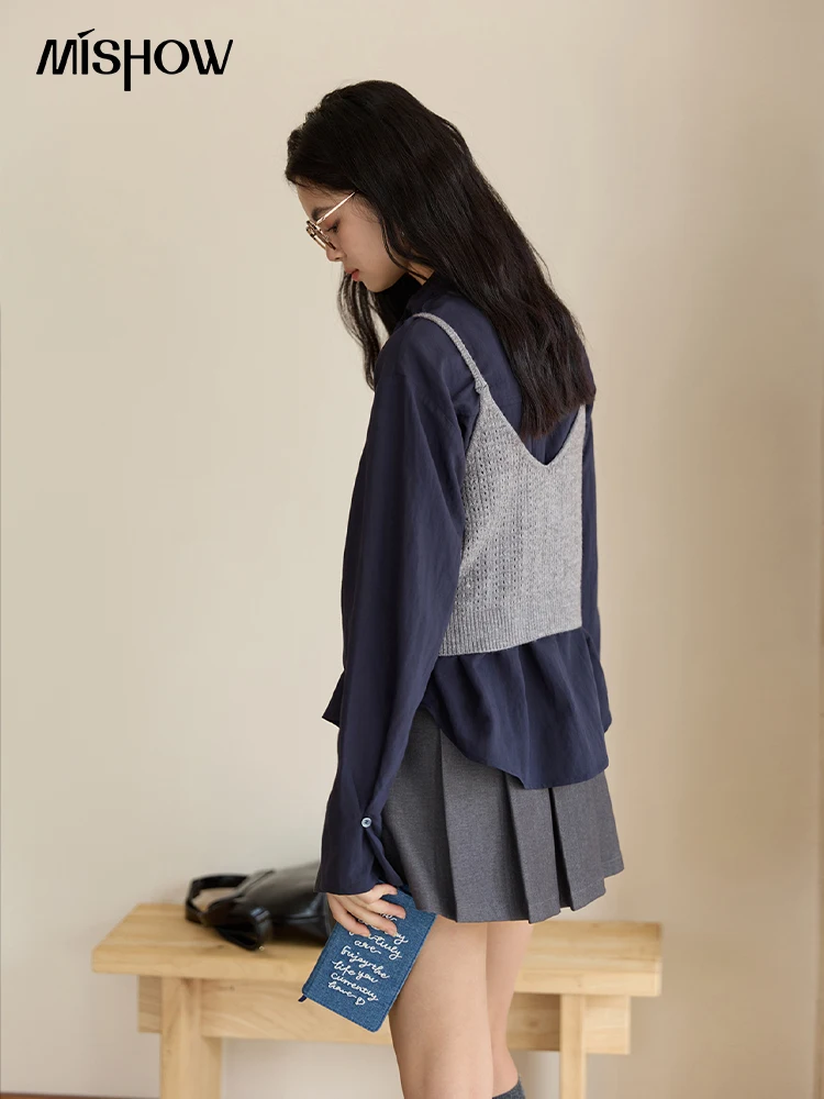 MISHOW Frau Hemd Set 2025, Herbst Mode Neue Marineblau Band Design Layered Hemd Stricken Leibchen Zwei-stück Anzug MXE47T1412