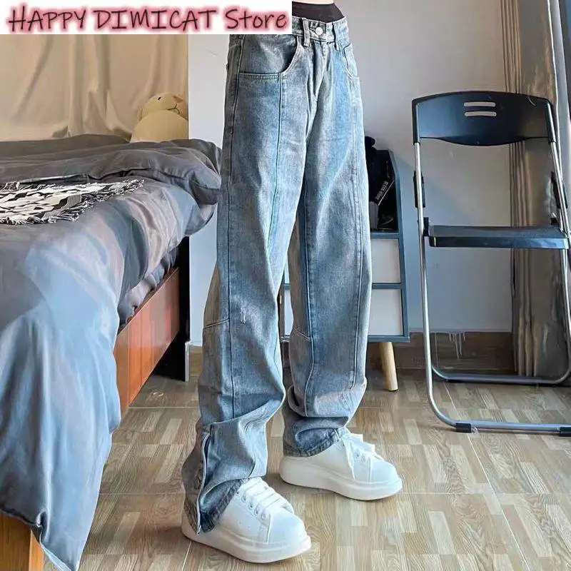 

Men's Punk Streetwear Denim Pants, Street Behind Letter Jeans, American Baggy Hip-Hop, Wide-Leg, Slit Trousers Buttoned Trousers