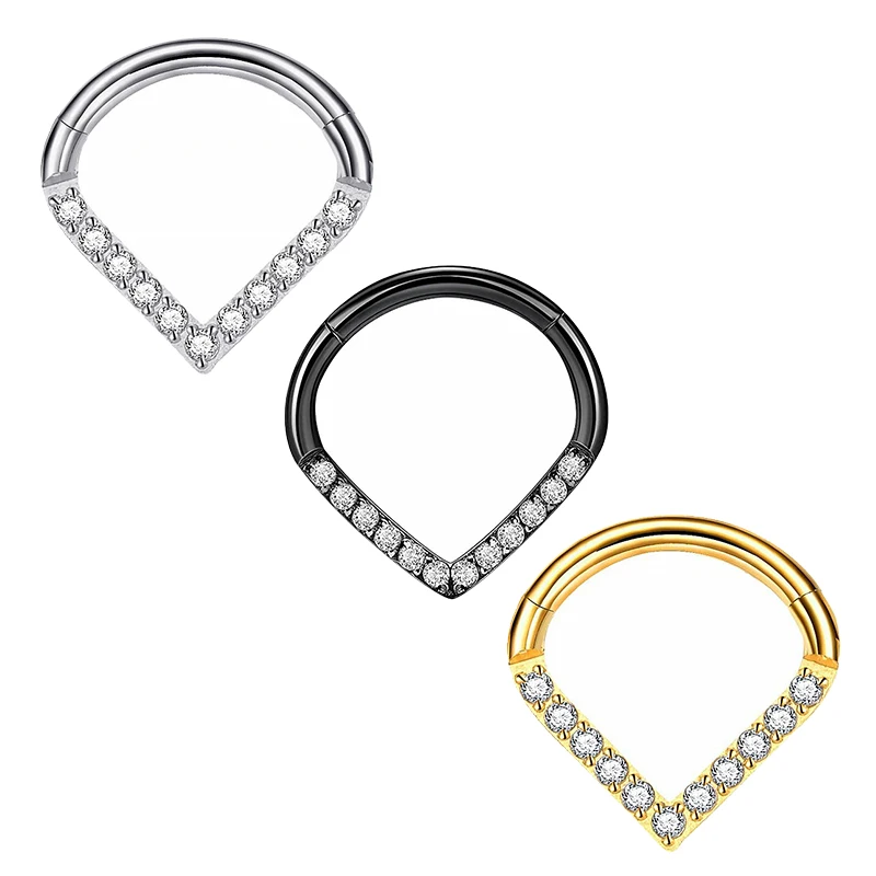 1PC G23 Titanium Hoop CZ Heart Septum Helix Piercing Nose Rings Tragus Cartilage Hinged Segment Earrings Perforated Jewelry gift