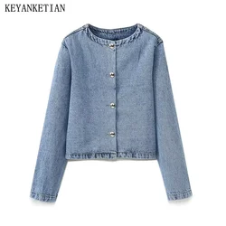 KEYANKETIAN Autumn New Women's Loose Denim jacket Button-up O-Neck Crop Top Vintage Leisure Female Outerwear Jaqueta Feminina