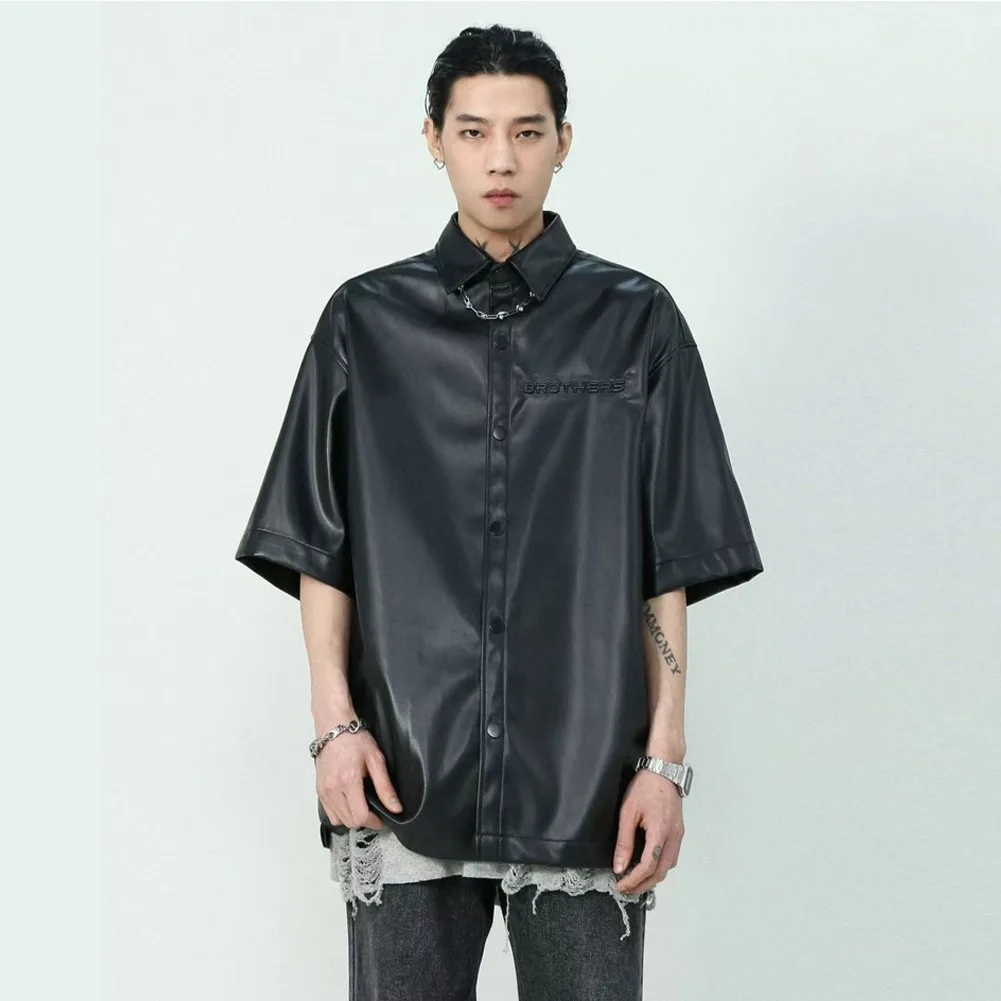 Embossed Black PU Leather Short Sleeved Shirt Men Streetwear Fashion Hip Hop Short Sleeve Loose Casual Leather Shirts Blouses