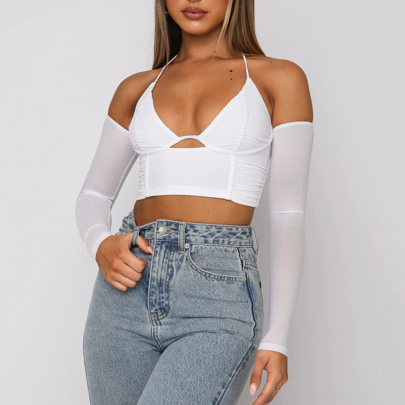 

Meqeiss Mesh Halter Blouse See Through Long Sleeve Patchwork Low Cut Tie up Underwire Ruffle Blouse White Bodycon Women blusas