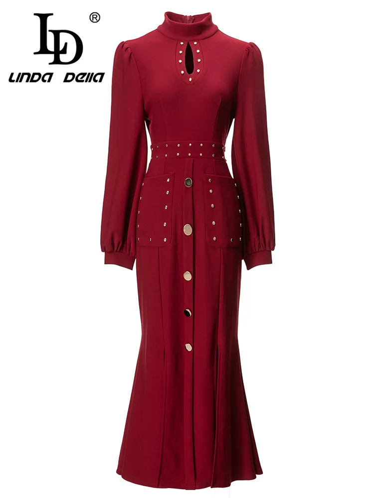 LD LINDA DELLA Autumn and winter Elegant Party Dress Women's Red Long Sleeve Extravagant Nail Bead Button Slit Slim Fit Dress