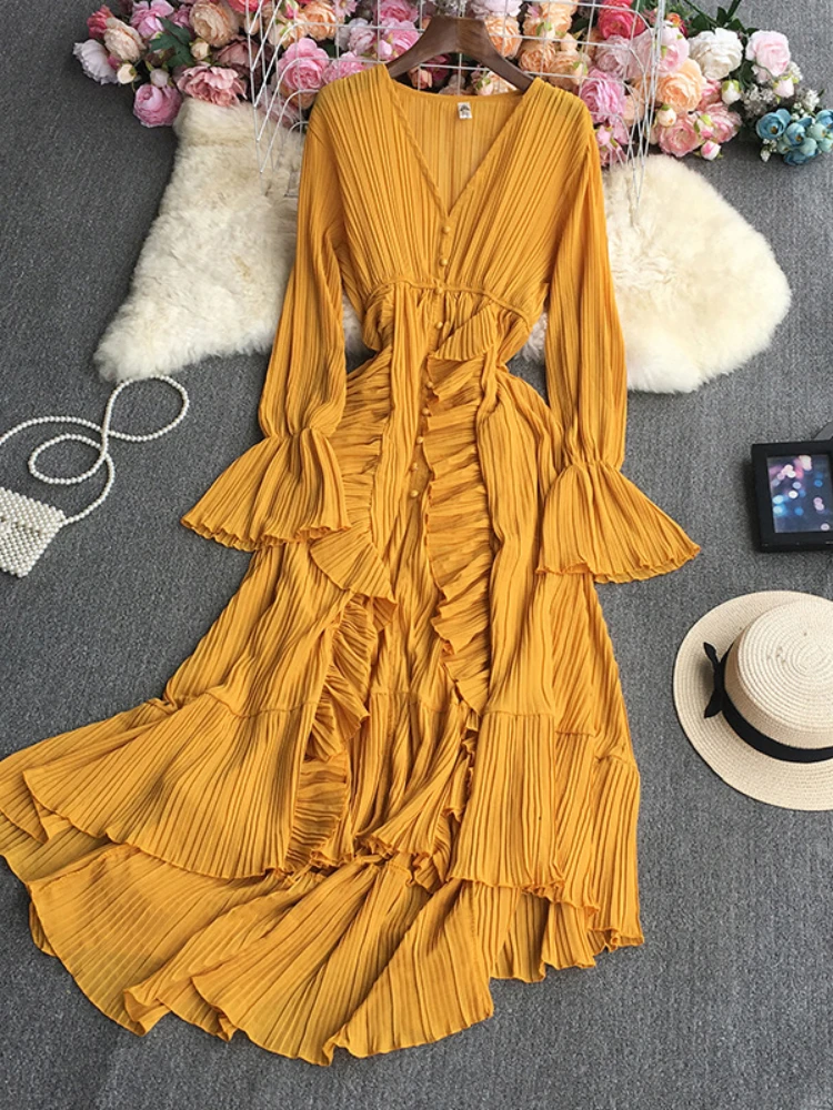 Purple/Brown/Red Chiffon Pleated Long Dress Women Vintage V-Neck Flare Sleeve Draped Ruffle Vestido Female Maxi Robe Spring Fall