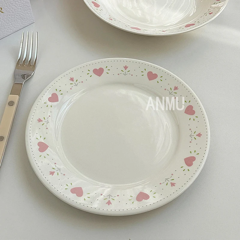 Heart Print Bread Dessert Plates Household 8 Inch High Temperature Firing Craft Round Tableware Korean Style Good-looking Dish