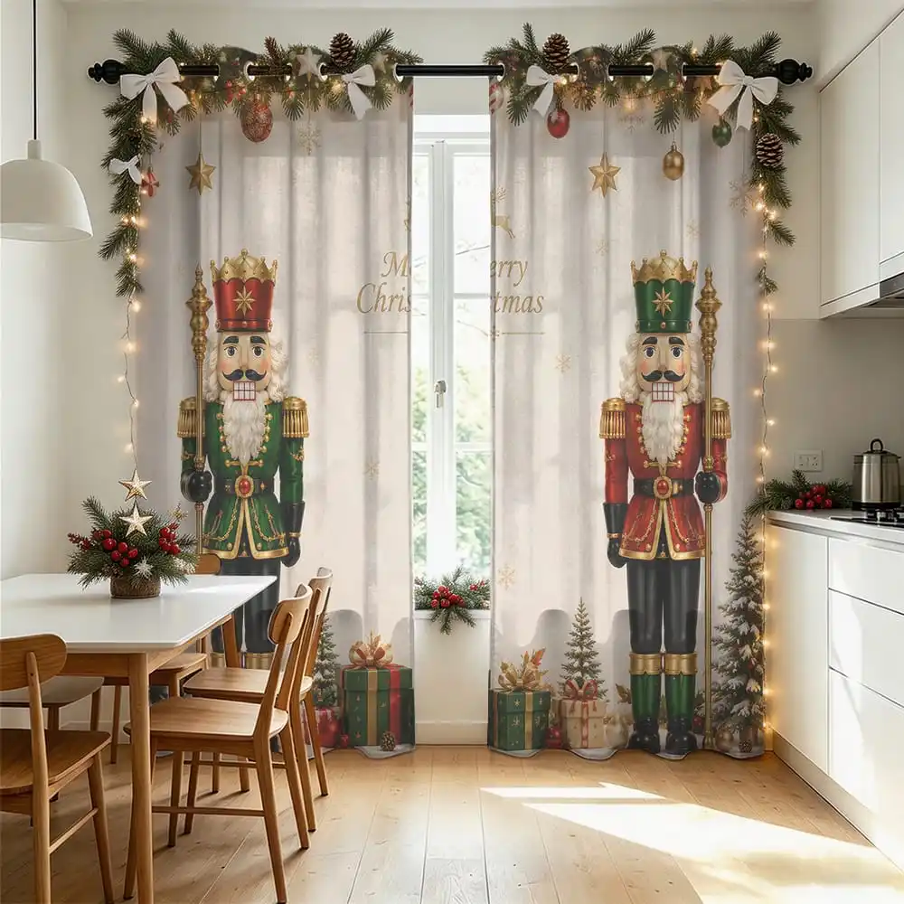 2pcs Christmas Nutcracker Merry Christmas Double Sided Curtains Hanging Hole Privacy Protection Window Drapes for Living Room