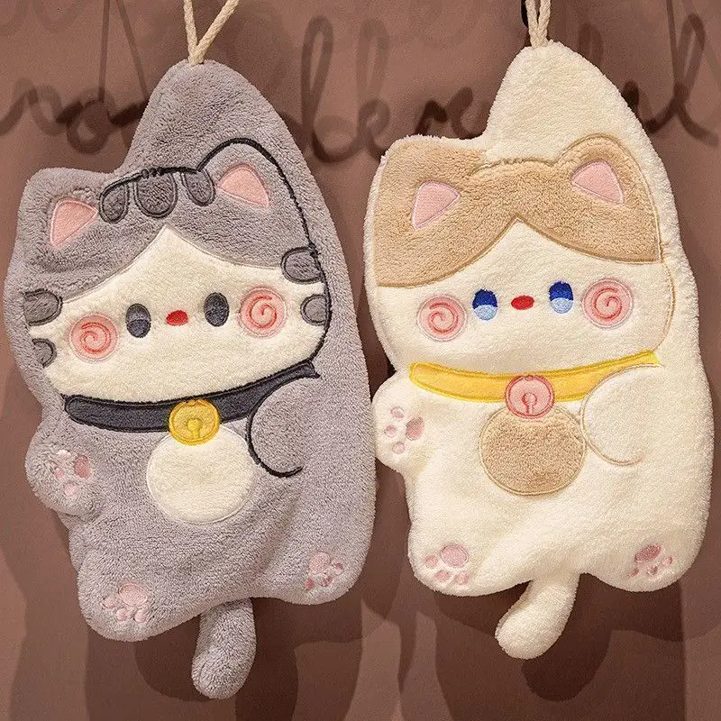 Cute Cat Hand Towel Quick Drying Kitchen Cleaning Rag Coral Velvet Cartoon Animal Absorbent Bathroom Hanging Towel Home Supplies