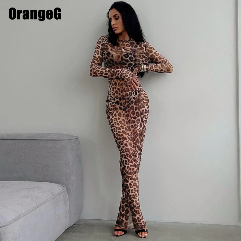 OrangeG Leopard See-Through Long Pencil Dress Women Crew Neck Stretchy Full Sleeve Elegant Perspective Clothes New Arrivals