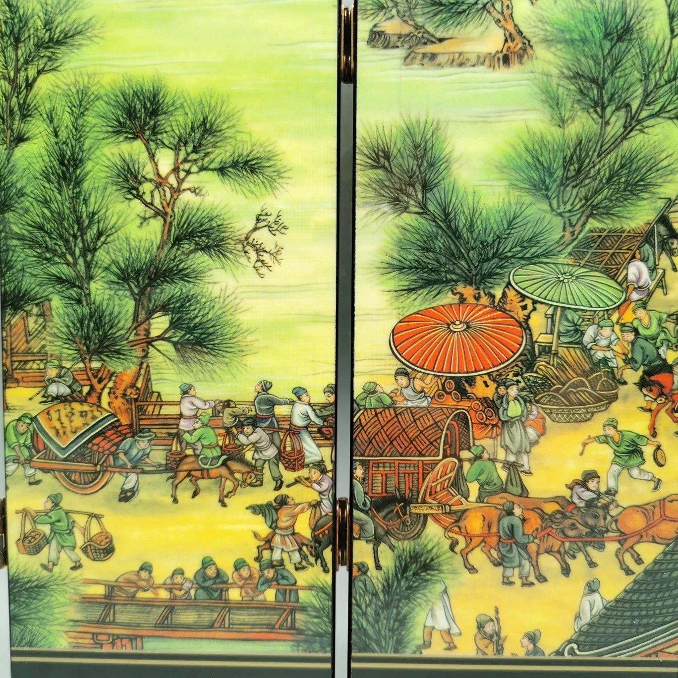 Retro folding wooden moving living room bedroom home block Qingming Shanghe painting lacquer small screen