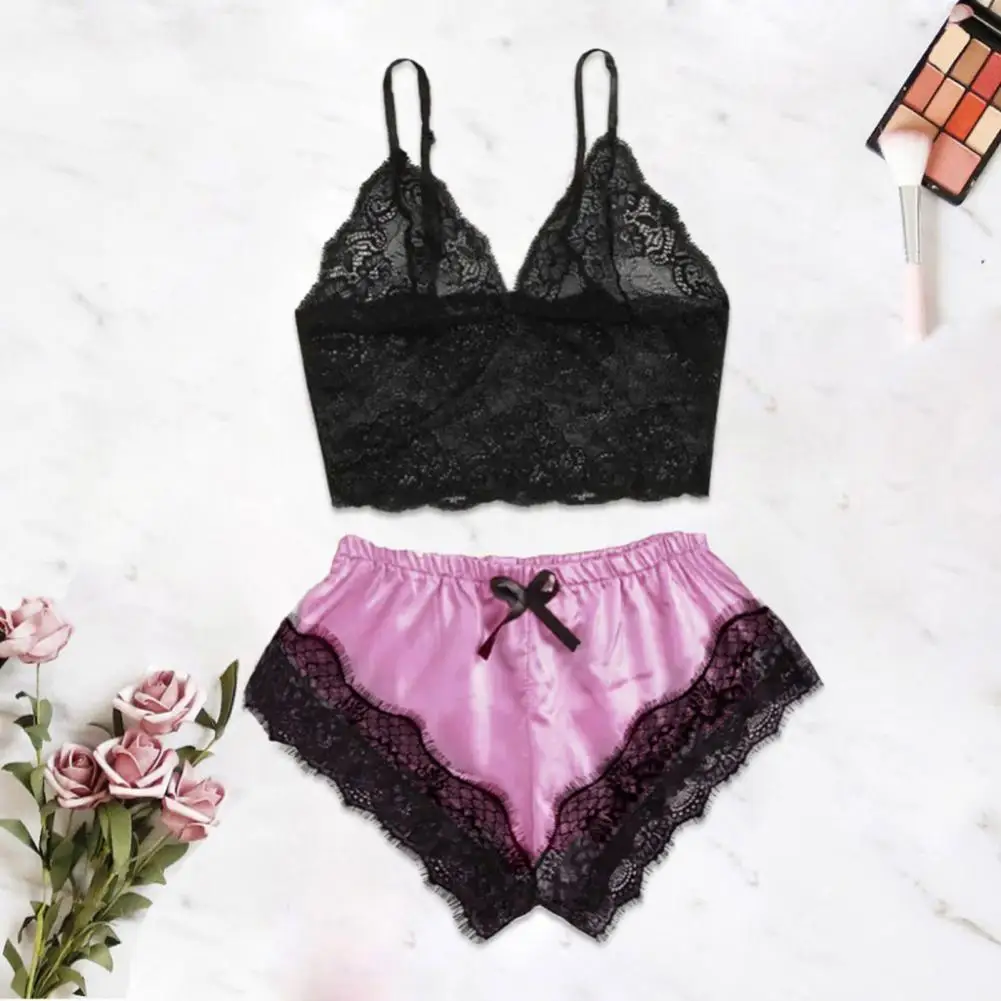 Women Pajama Suit Sext Satin Camisole Shorts Set V Neck Babydoll Lace Bowknot Pyjamas Sleep Shorts Set Sleepwear Lingerie 잠옷