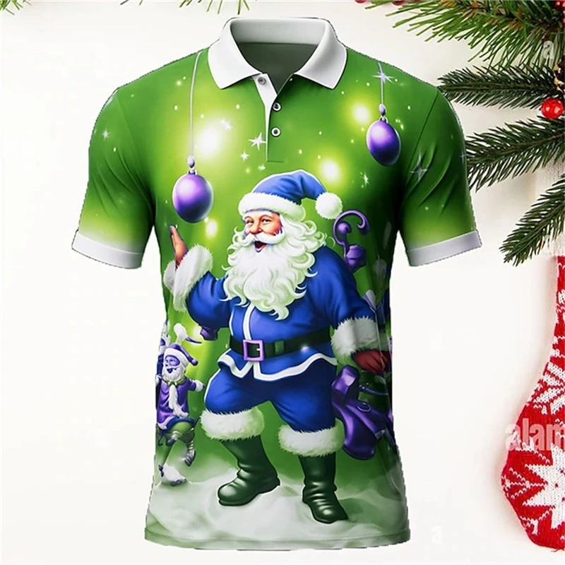 Christmas Santa Claus Polo Shirt For Men 3D Print Casual Short Sleeve Outdoor Daily Wear Golf Shirts Mens Button Tee Y2k Clothes