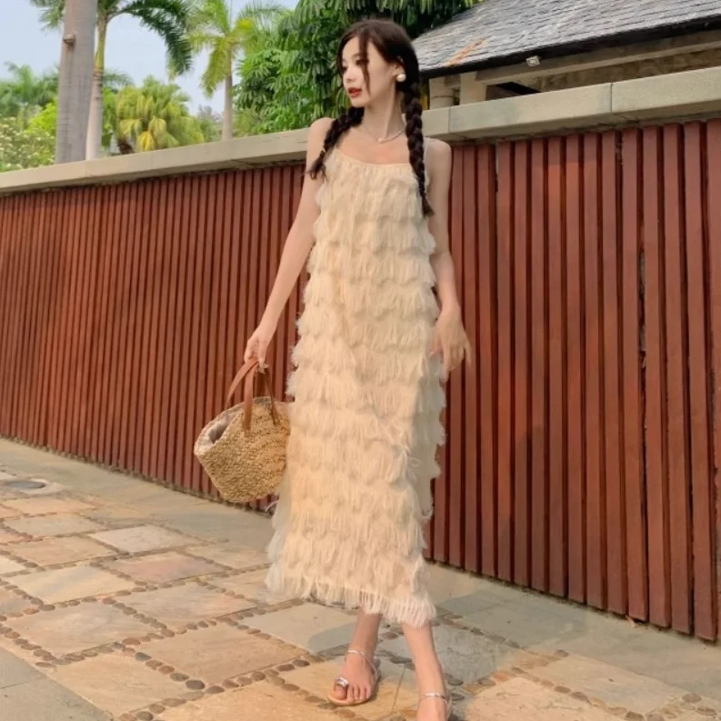 Fashion Patchwork Tassel Dress Sleeveless Wave Beachwear Dress Slim Bohemia Summer