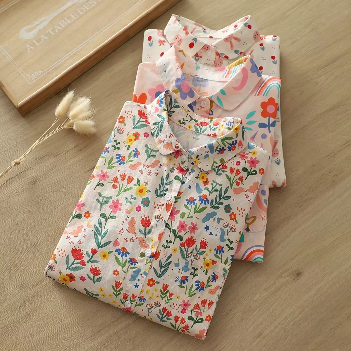 100% Cotton Shirts Women Autumn Spring Japan Style Flower Print Tops Morigirl Long Sleeve Blouses Mori Kei Clothing