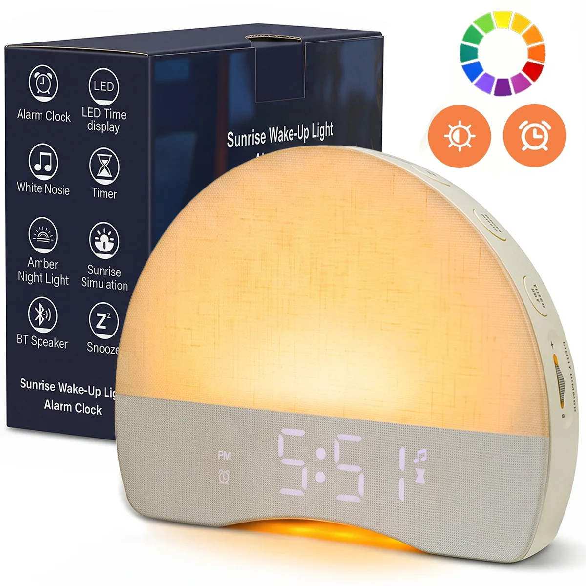 Sunrise Wake-Up Light Alarm Clock White Noise Bluetooth Speaker with 30 Soothing Sounds Dimmable Night Light for Heavy Sleepers