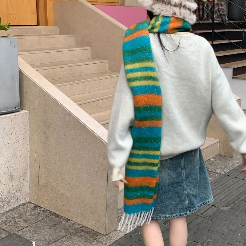 Autumn and Winter Korean Style Colorful Scarf Personalized Dopamine Rainbow Striped Fringe Thickened Warm Windproof Scarf