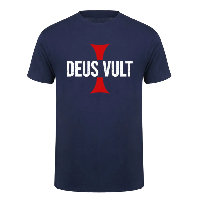 Deus Vult God Wills It Crusader Cross T Shirts Medieval Knight Vintage Cotton T-shirt Streetwear HJ-183