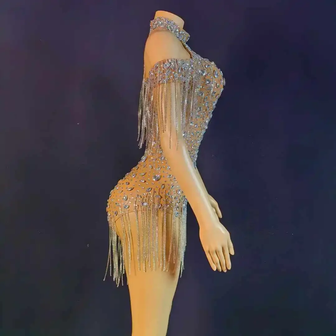 

2025 Women Luxury Glitter Drill Chain Rhinestone Birthday Ballroom Stage Bodysuits Drag Queen Costume Photography