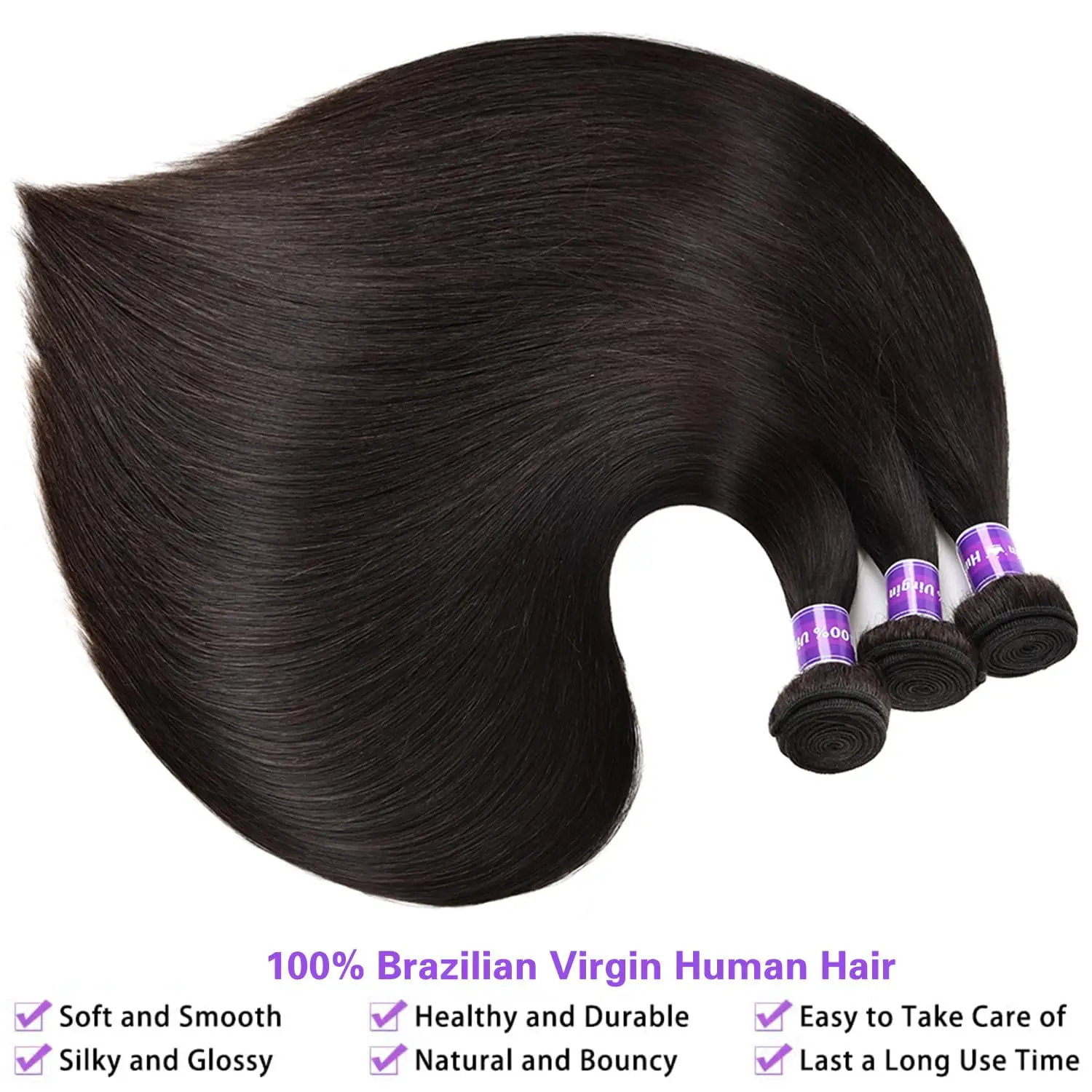 Pacotes brasileiros retos do cabelo humano, 100% Virgin não processado, cor preta natural, H