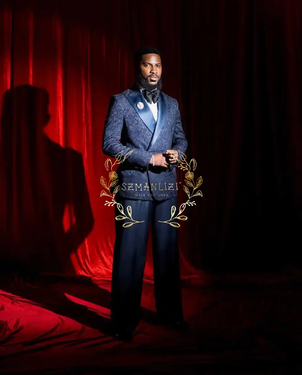 Navy Blue Jacquard Suit Sets For Men Wedding Groom Tuxedos High Quality Outfits Formal Male Double Breasted Blazer Pants 2 Pcs