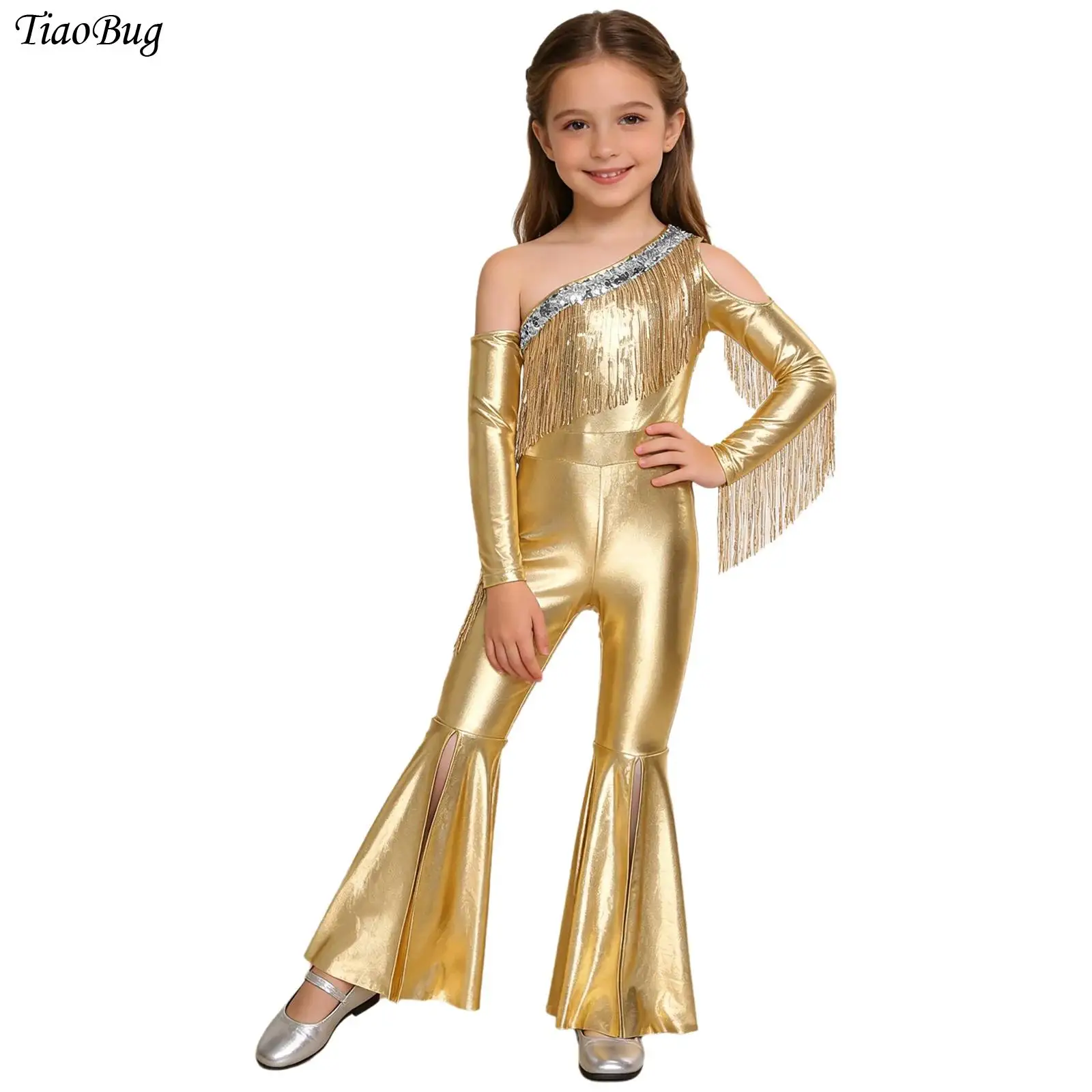 

Girls Shiny 70S Disco Hippie Costume One Shoulder Long Sleeve Metallic Sequin Tassel Bell Bottom Jumpsuit Romper Jazz Dancewear
