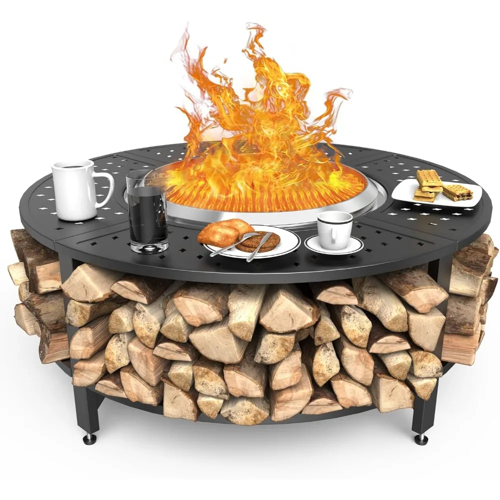 

48" Fire Pit Surround Tabletop For Solo Stove Yukon/bonfire & Tiki, Powder-coated Steel Surround Table With Firewood Storage